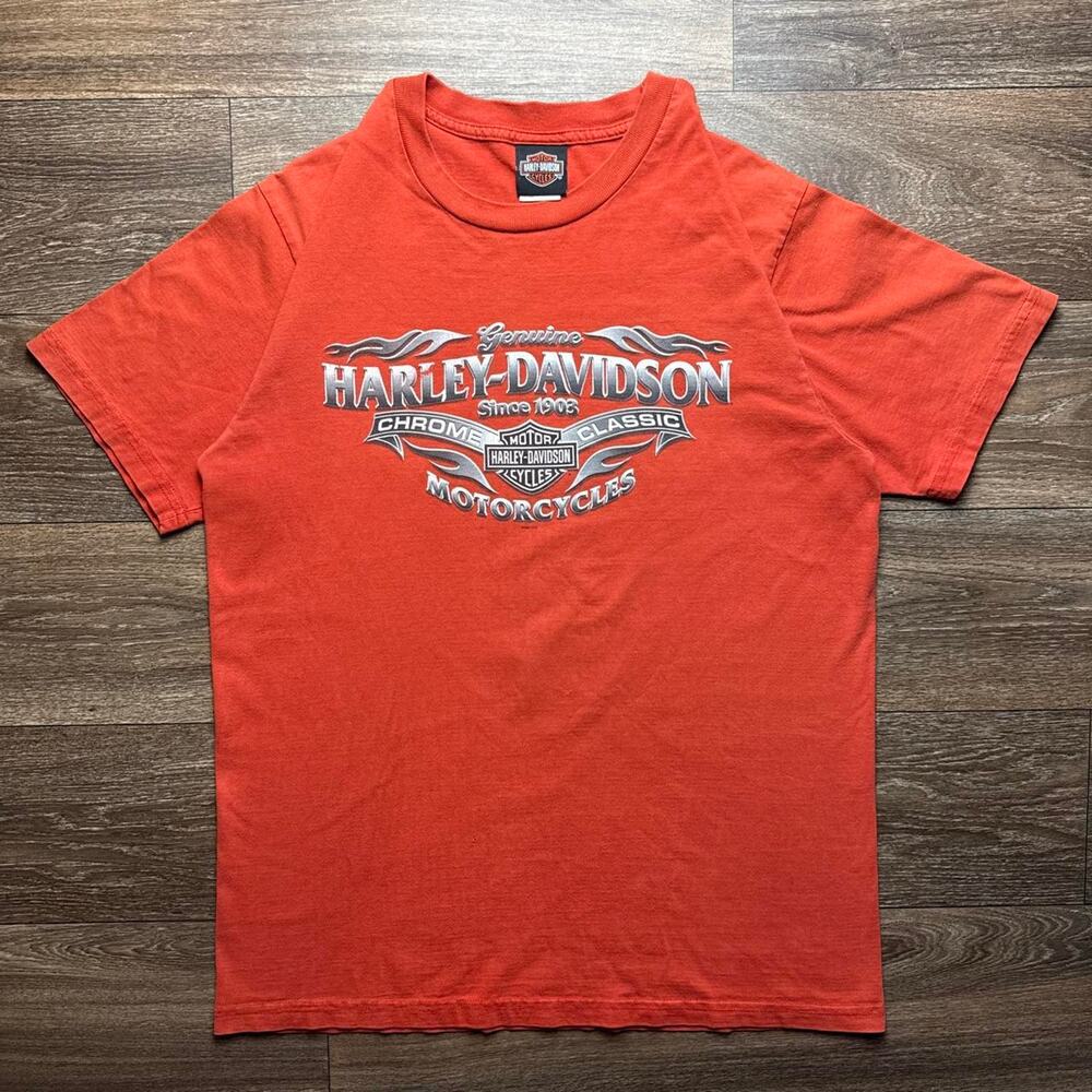 Y2K Harley Davidson Orange Tee with White & Silver Logo